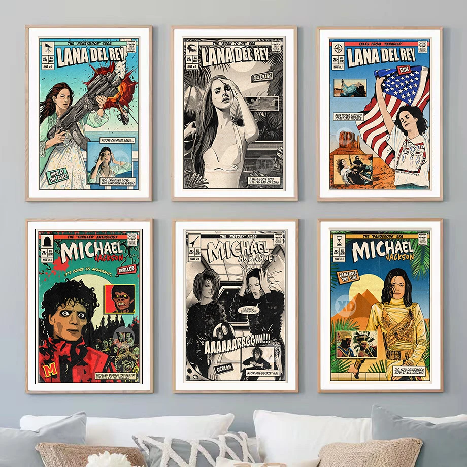 Póster de portada de cómic de cantante de música de rapero nórdico, estética de Lana Del Rey Michael Jackson para el hogar, Mural artístico de pared, decoración de habitación de Manga