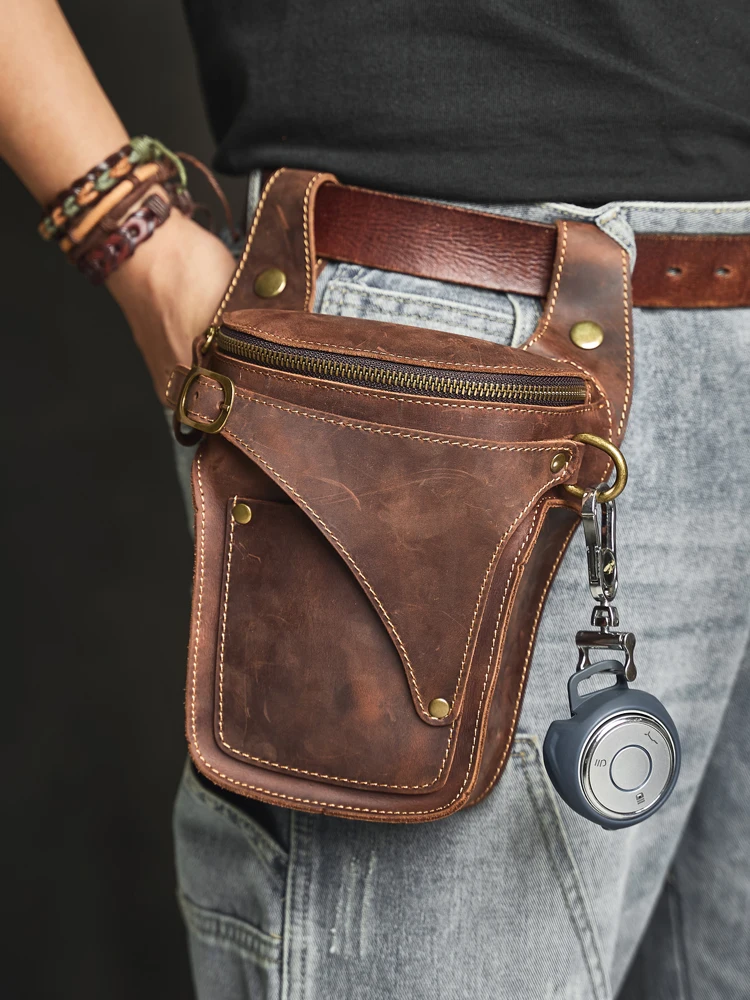 

Vintage Motorcycle Style Genuine Crazy Horse Leather Waist Bag - Casual Unisex Belt Pouch for Phone Keys & Essentials