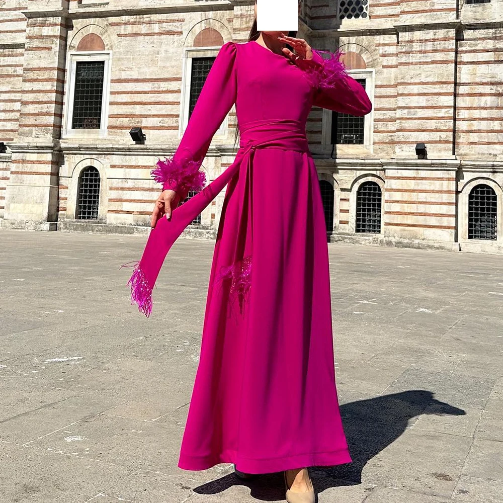 

Customized Graceful O-Neck Jersey Tassel Belt Long Sleeves Evening Dress Temperament Pleats Photo Color Vestido De Noche