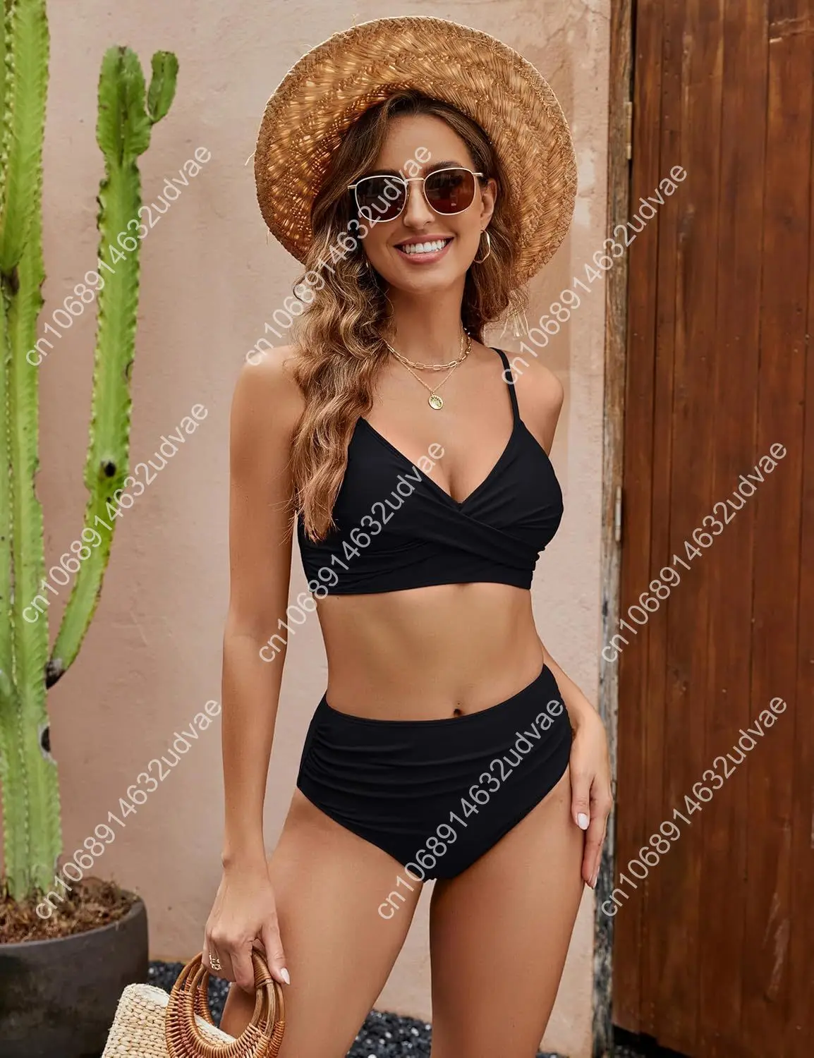 Women's High Waisted Bikini Sets Two Piece Swimsuit Tummy Control Bathing Suit V Neck Swimwear 2025 Swim Suit
