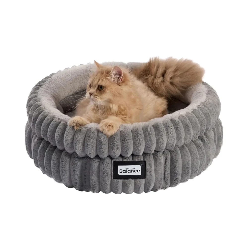 

BALANCE Super Soft Plush Faux Fur Cat Bed round Indoor Washable Kitten & Puppy Pet Bed with Anti-Slip Bottom