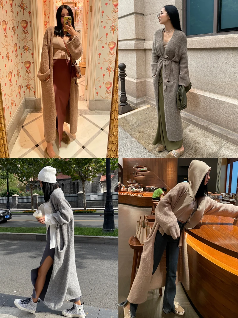 

Длинный шерстяной свитер для ленивого человека с поясом, дорожное пальто, свободный крой, V-Ne, теплая зимняя модная женская одежда, эксклюзивная онлайн-пальто