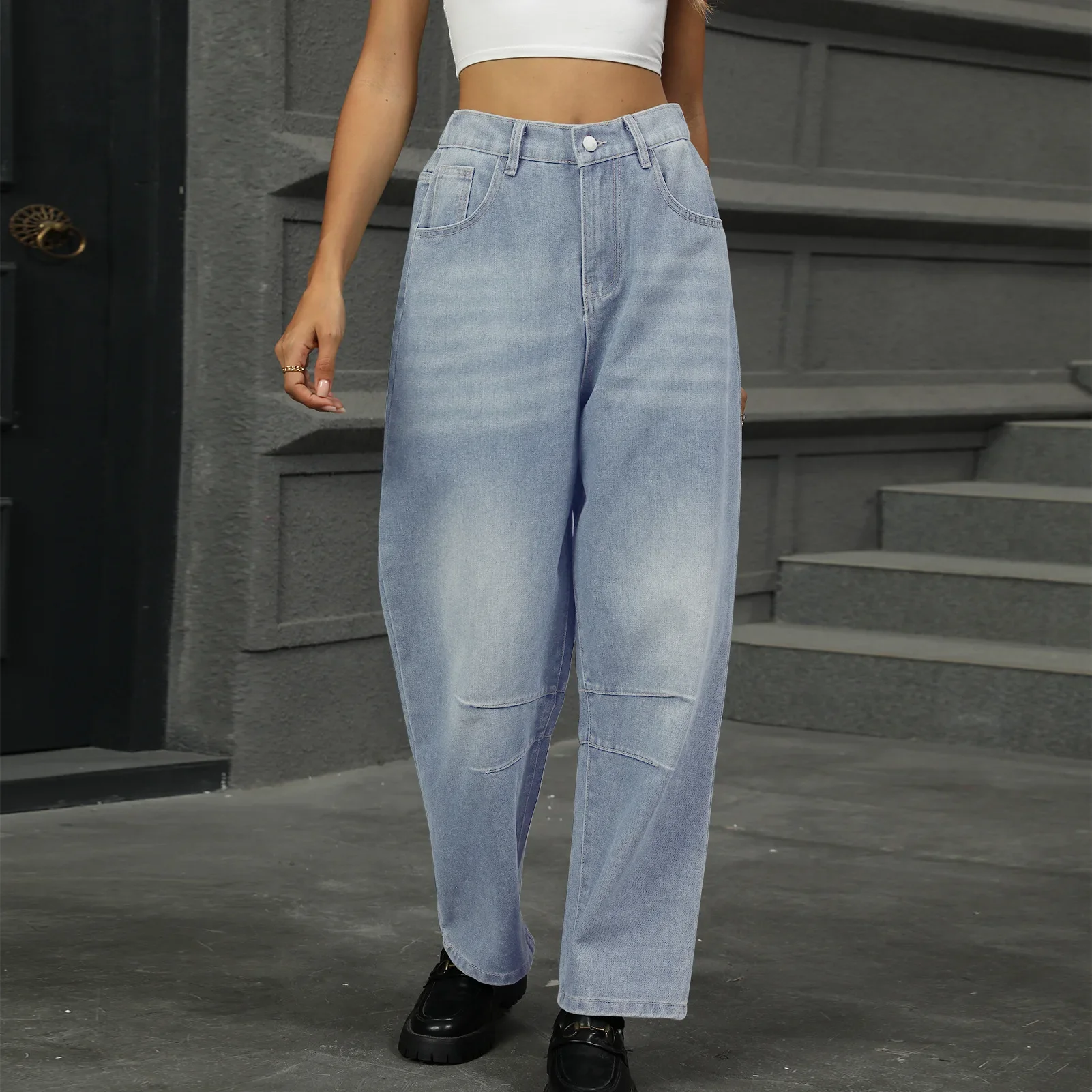 Jeans Women Denim Harem Pants Mid Waist Loose Fit Washed Vintage Pockets Ankle Length Trousers  Female Casual Denims