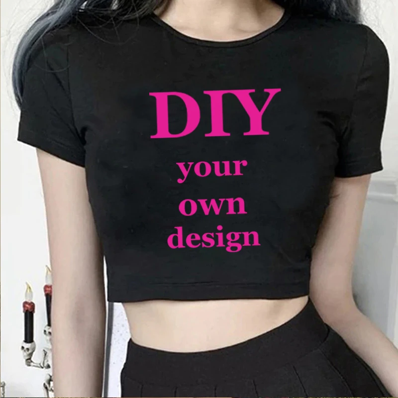 DIY CUSTOMIZE Women Tshirt Short Sleeve O Neck Solid Color Cropped Navel Summer Crop Tops Y2k Baby Tee Slim 2000s Emo Streetwear