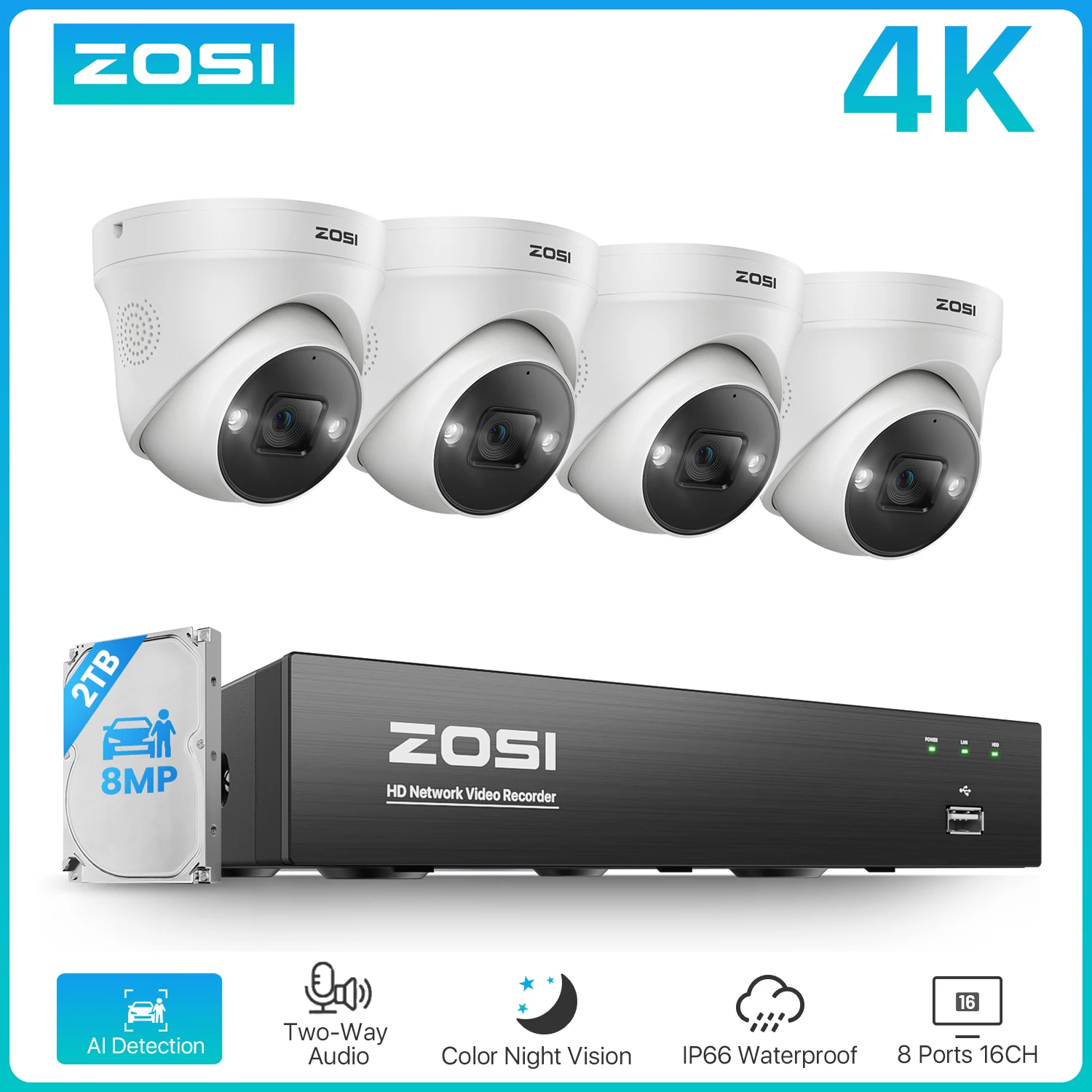 ZOSI 4K 8MP 5MP POE Video Surveillance Kit 8CH H.265 Home CCTV NVR Set Color Night Vision AI Detection IP Security Camera System
