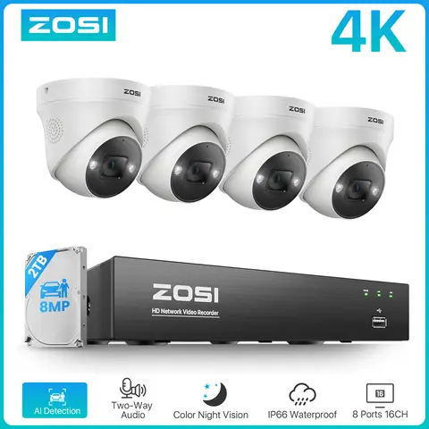 IP Camera POE AI ZOSI 4K 8MP 5MP POE Video Surveillance Kit 8CH H.265 Home CCTV NVR Set Color Night Vision AI Detection IP Security Camera System