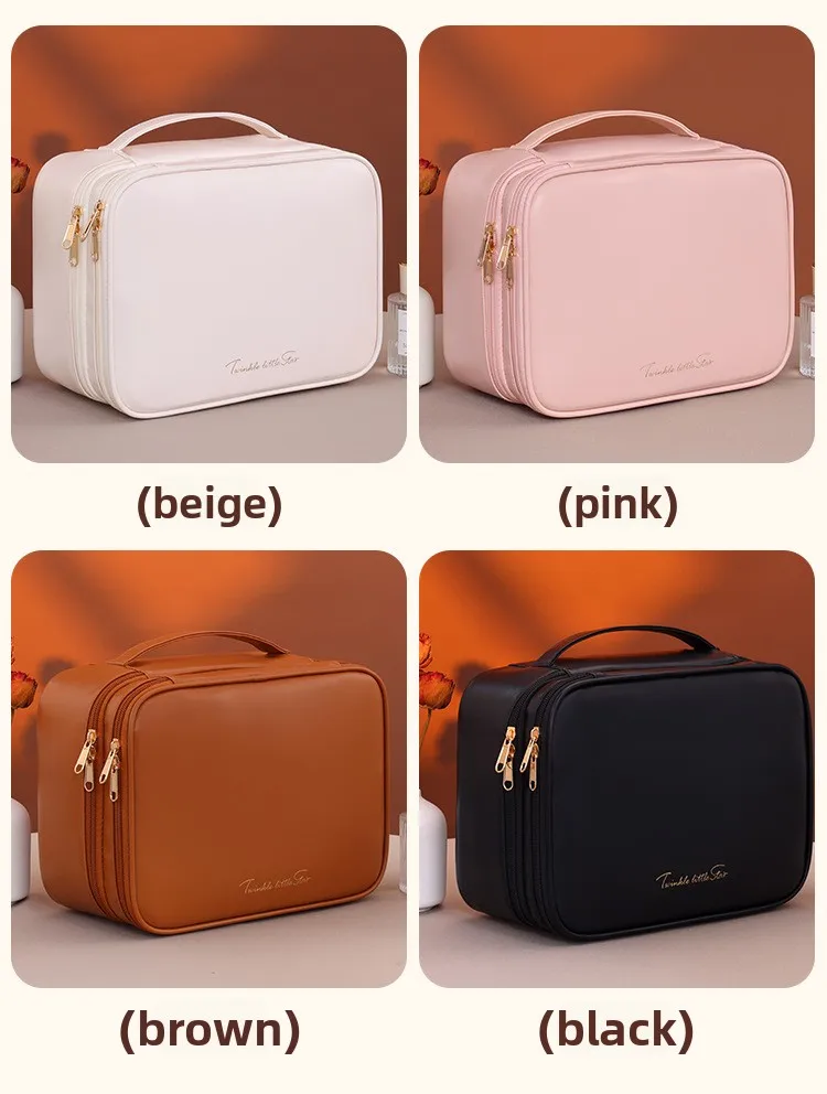 Doppelschichtige Handtasche aus PU-Leder für Make-up, Große Kapazität Reise-Kosmetikorganizer, Toilettentasche für Schönheitsprodukte, Damen – Detail 12
