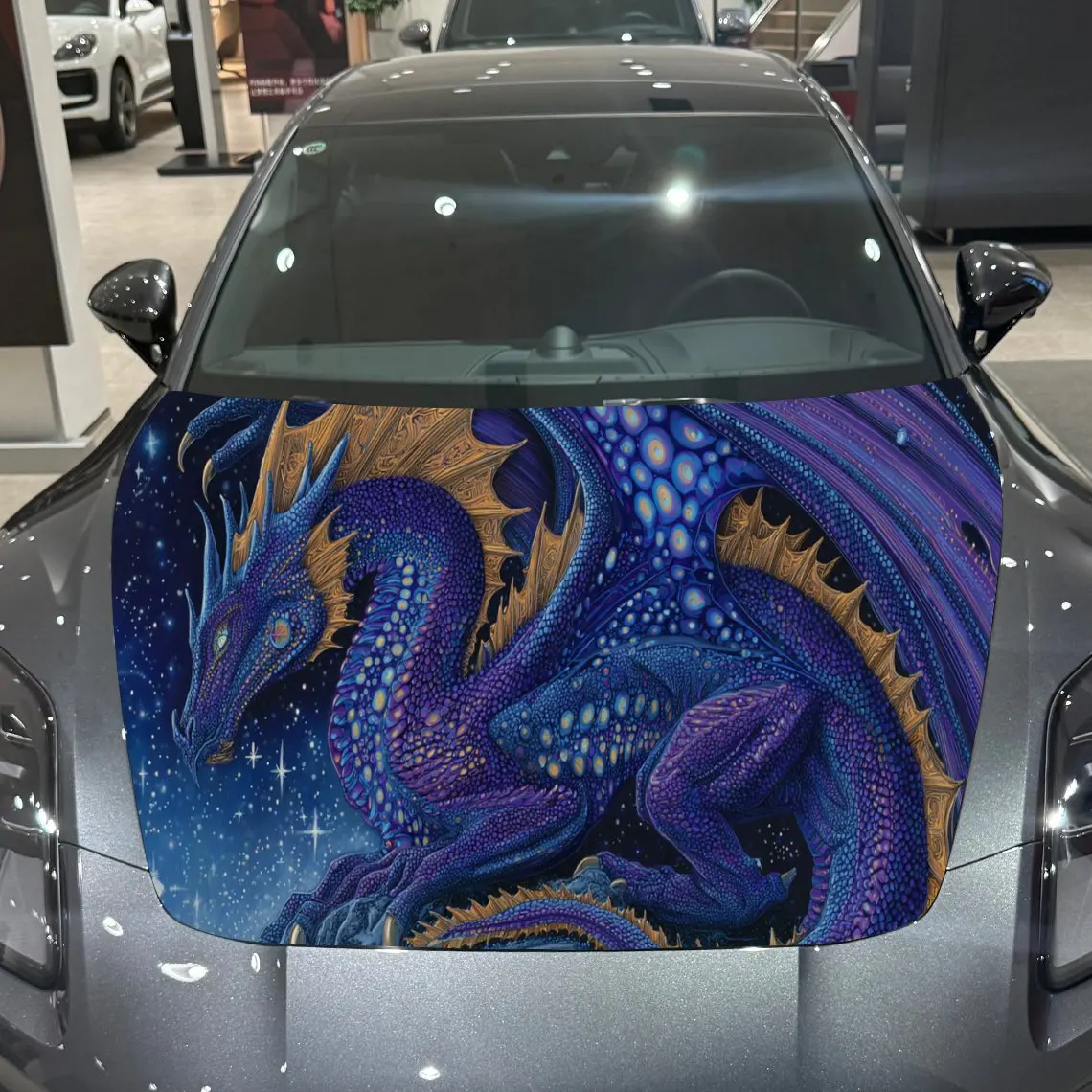 

Starry Blue Dragon Mystery Art PVC Car Hood Wraps, Self-Adhesive Waterproof Car Bonnet Decal Sticker, Car Decoration Protection