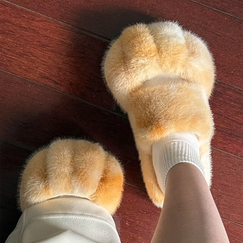 Kawaii Furry Cat Paw Slipper Fashion Imitation Fur Fluffy Slippers Women Comfort Flat Heel Cat Slippers Home Plush Warm Shoes