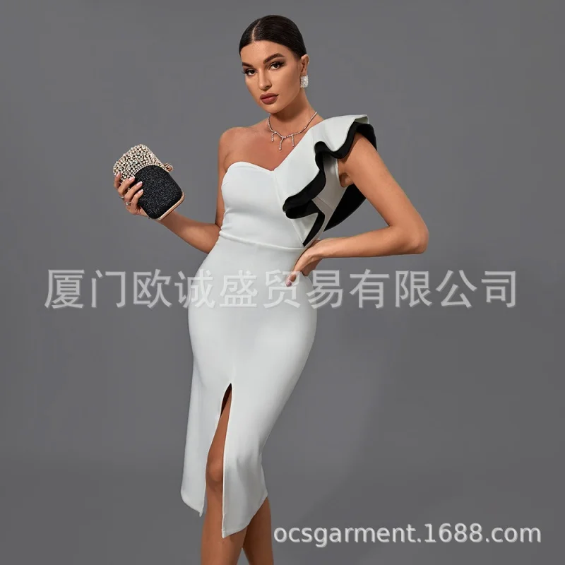 Cross-Border New Arrival Color Matching Ruffled One-Shoulder Wrapped Chest Front Slit Midi Dress Evening Party Dress