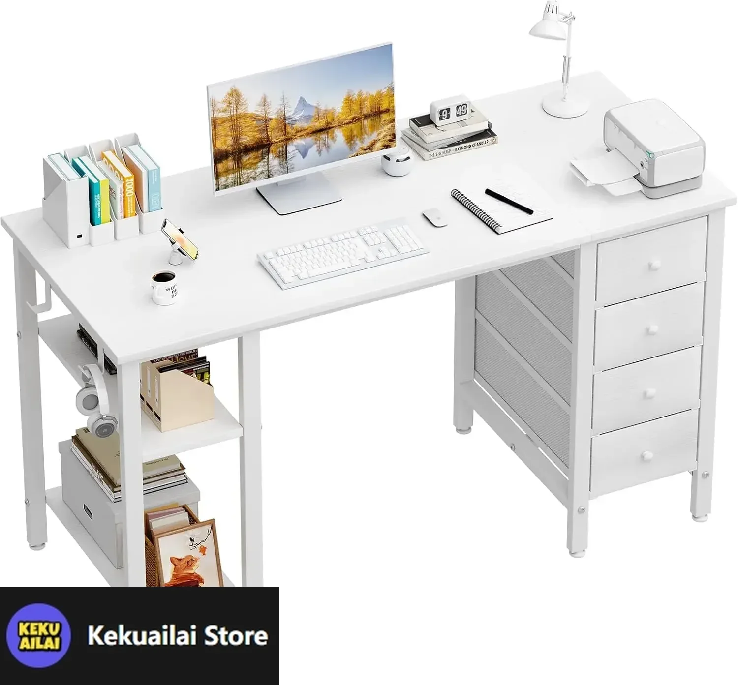 

White Computer Desk with Drawers & Storage Shelves, 47 Inch Study Work Writing Desk for Home Office Bedroom