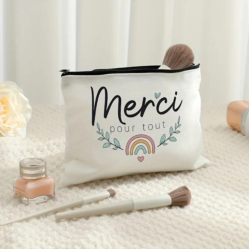 1pc Merci Pour Tout Frenchie Makeup Bag - Lightweight Cosmetic Pouch with Zipper, Travel Toiletry Organizer