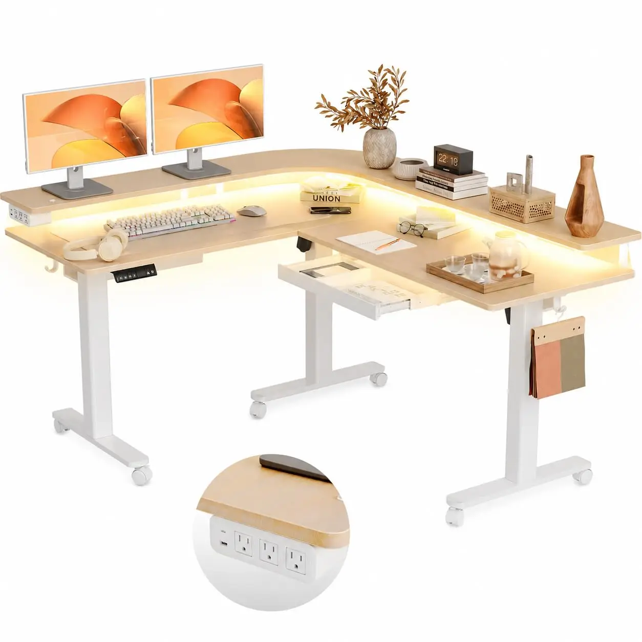 L-Shaped Standing Desk With Drawers, 63 Inch, Nature, Customized