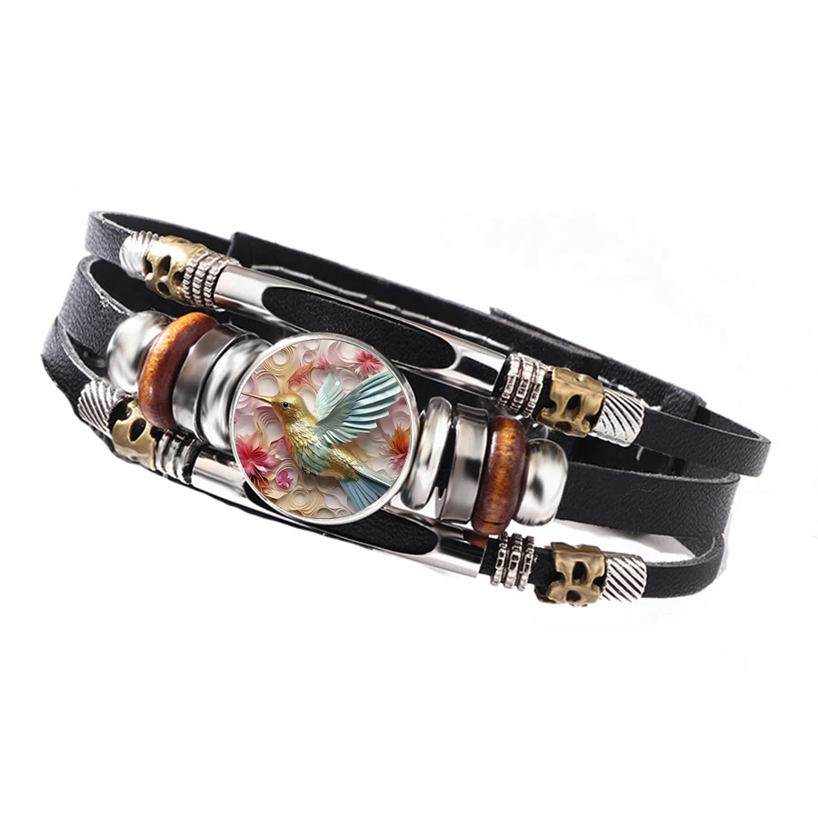 Retro Floral Hummingbird Pattern Leather Wristband Multi Wrap Black Leather Strap Ornament Stylish Unisex Gift Bracelet