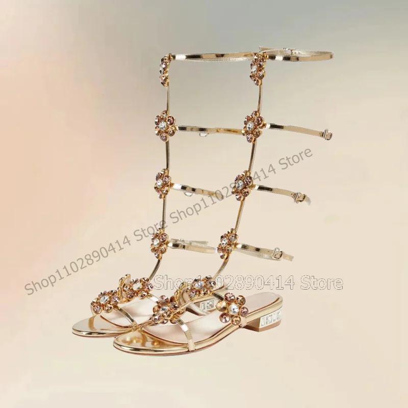 Gold Flower Hollow Design Crystal Decor Sandals Buckle Strap Women Shoes Chunky Heels Open Toe Fashion 2024 Zapatos Para Mujere