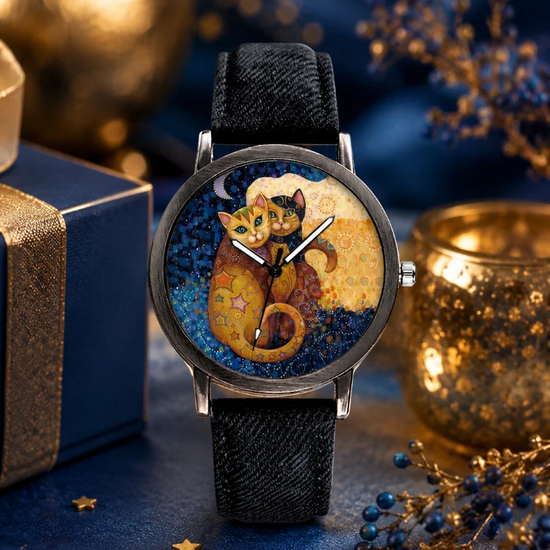 

Vintage Art Cat Pattern Dial Woman Wristwatch Creative Animal Design Quartz Ladies Watch Casual Timepiece Unique Gift for Women