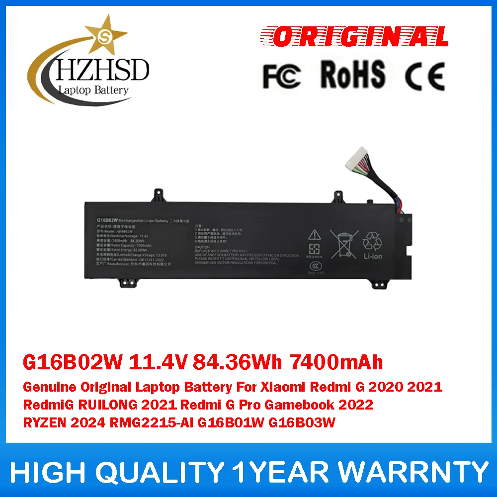 

G16B02W 11.4V 84.36Wh 7400mAh Genuine Original Laptop Battery For Xiaomi Redmi G 2020 2021 RedmiG RUILONG 2021 Gamebook 2022