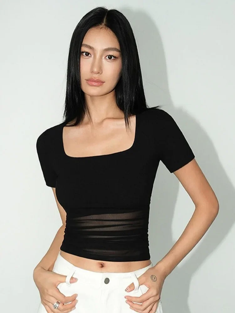 

Casual Streetwear Short Sleeve Crop Top See Through T Shirts For Women Skinny Camisas Y2k Clothes Square Collar Ropa De Mujer