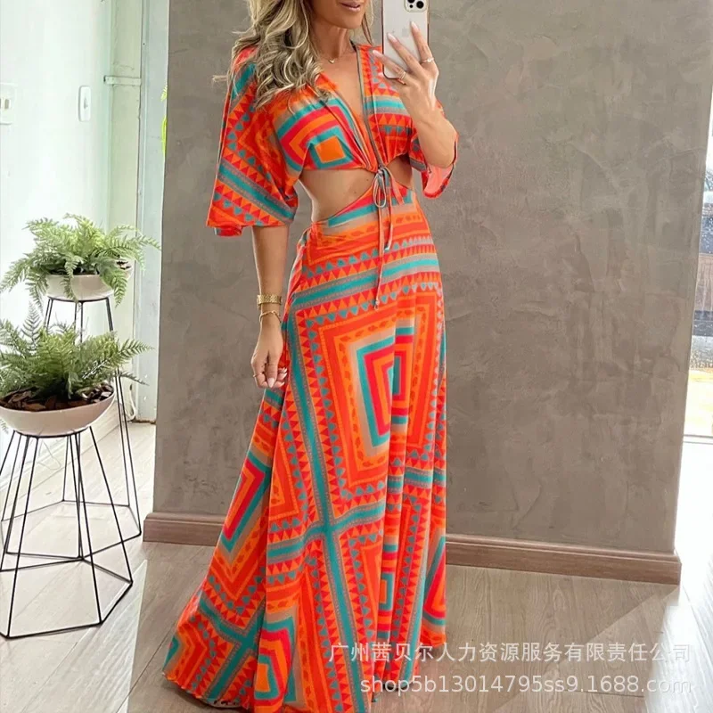 

2023 New Womens Dresses Color Matching Geometric Pattern Bat Sleeves Open Waist Strap Long Dress for Women