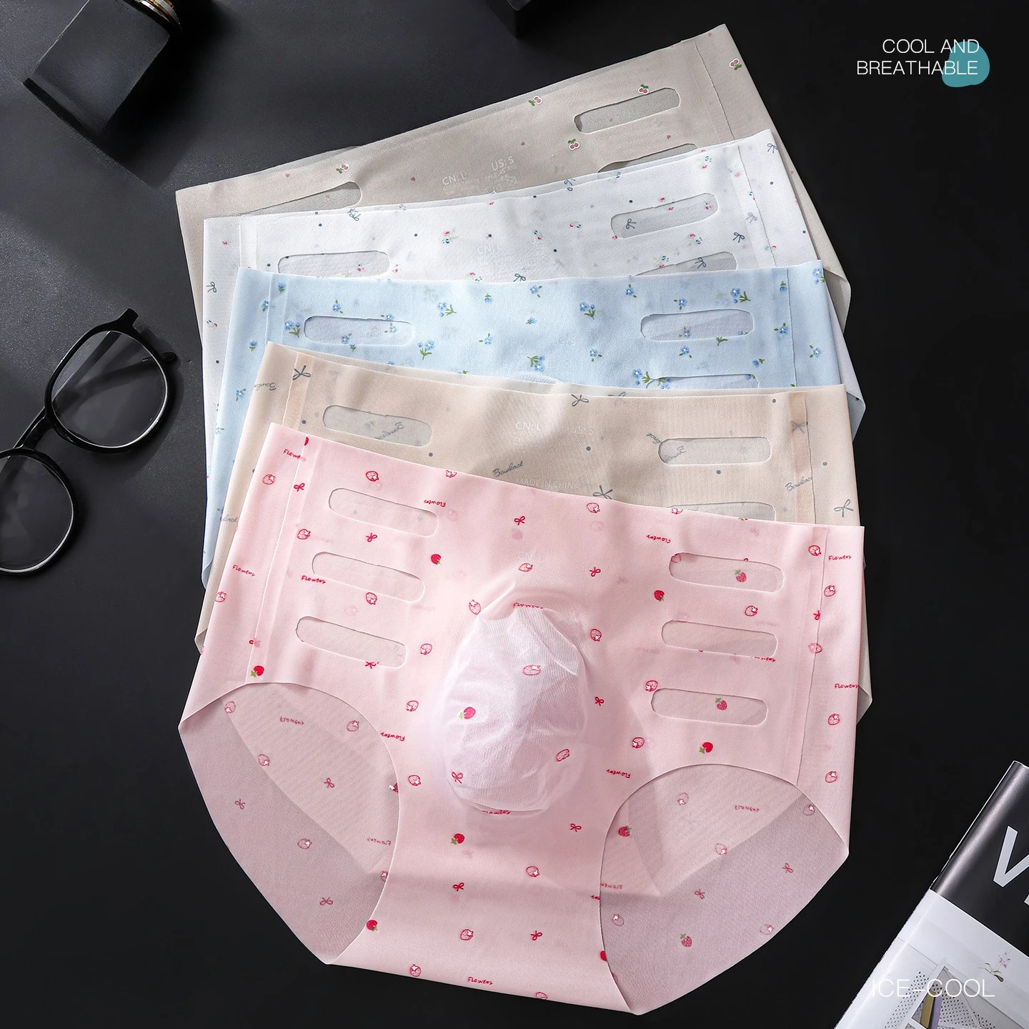 Flower Print Ice Silk Seamless Men's Underwear High Elasticity Hollow Out Sexy Male Briefs Soft Traceless Comforable Briefs