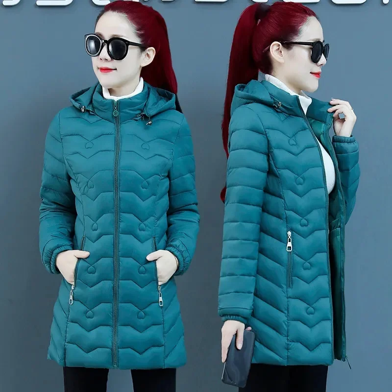 New Autumn winter Parkas Warm padded jacket women fashion Long sleeve Hooded Mid-Length Cotton coat female slim outerwear T528