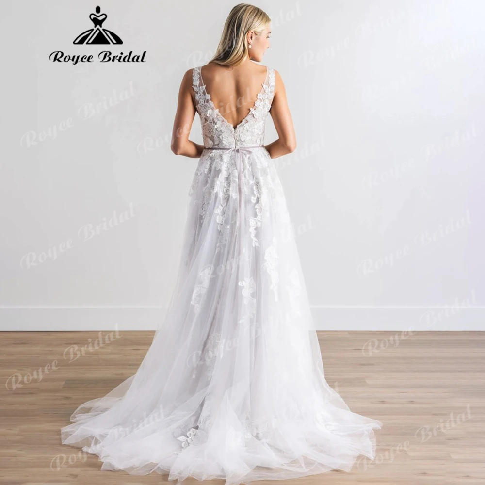 Deep V-Neck Lace A-Line Wedding Dress Floral Applique Glitter Tulle Bridal Gown with Waist Sash Chapel Train Customizable