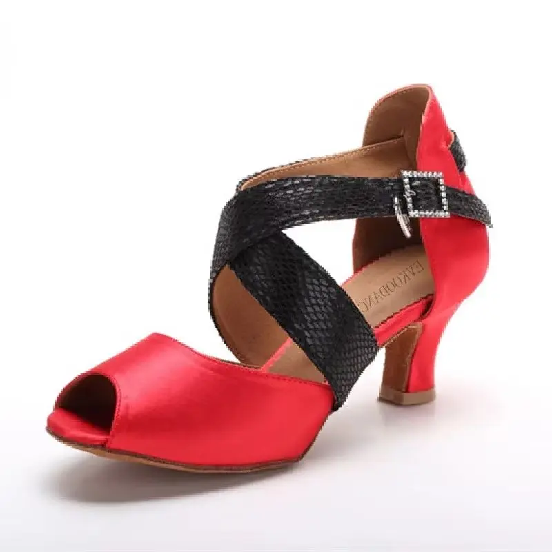 Women Latin Dance Shoes Red Satin Cross Strap 6cm Low Heel Suede Outsole Professional Ballroom Salsa Tango Party Dancing Shoes
