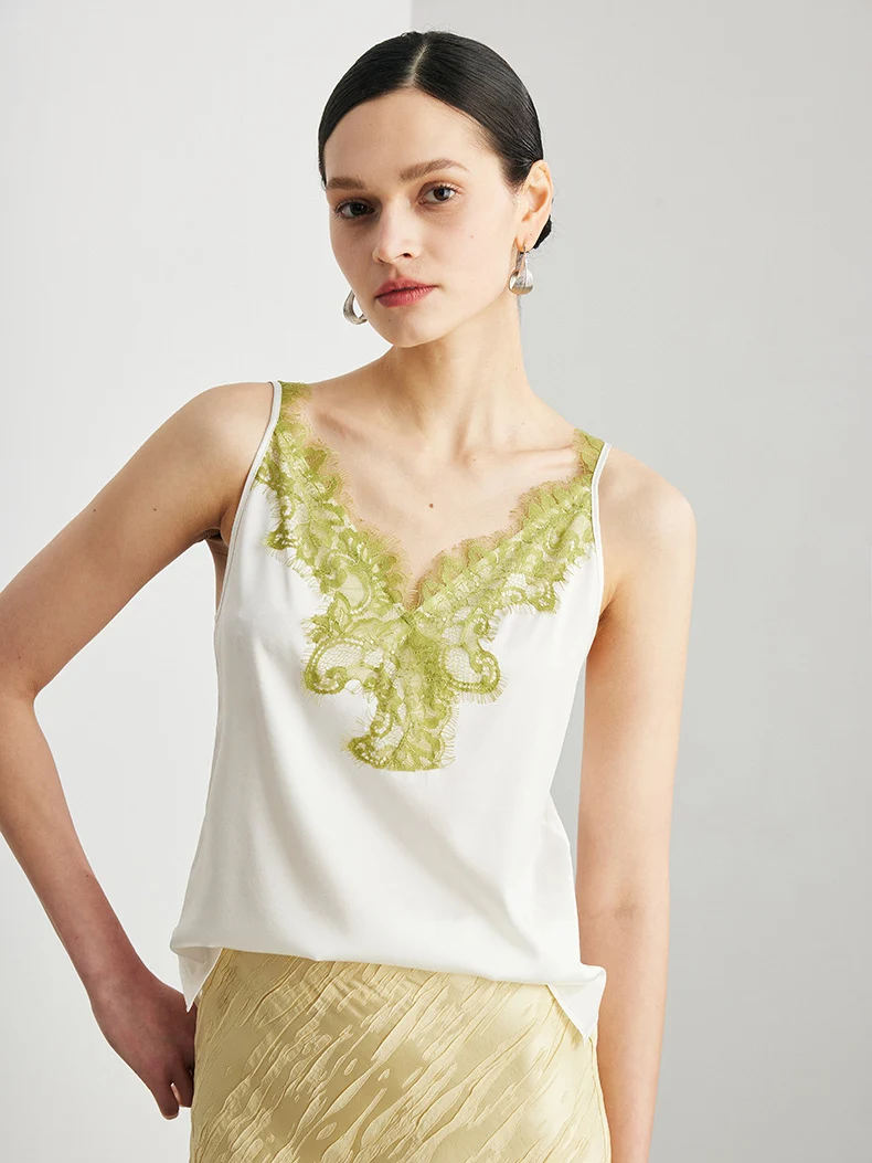SuyaDream. Women Silk Camis, 90% Real Silk, Lace V Neck, Sleeveless Chic T Shirt, 2026 Spring Summer Cozy Top, White, Black