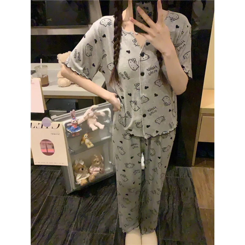 2피스 파자마 바지 라운지 세트 바지 헬로 키티 귀여운 아늑한 Y2K 카와이 스타일 슈퍼소프트 편안한 홈웨어