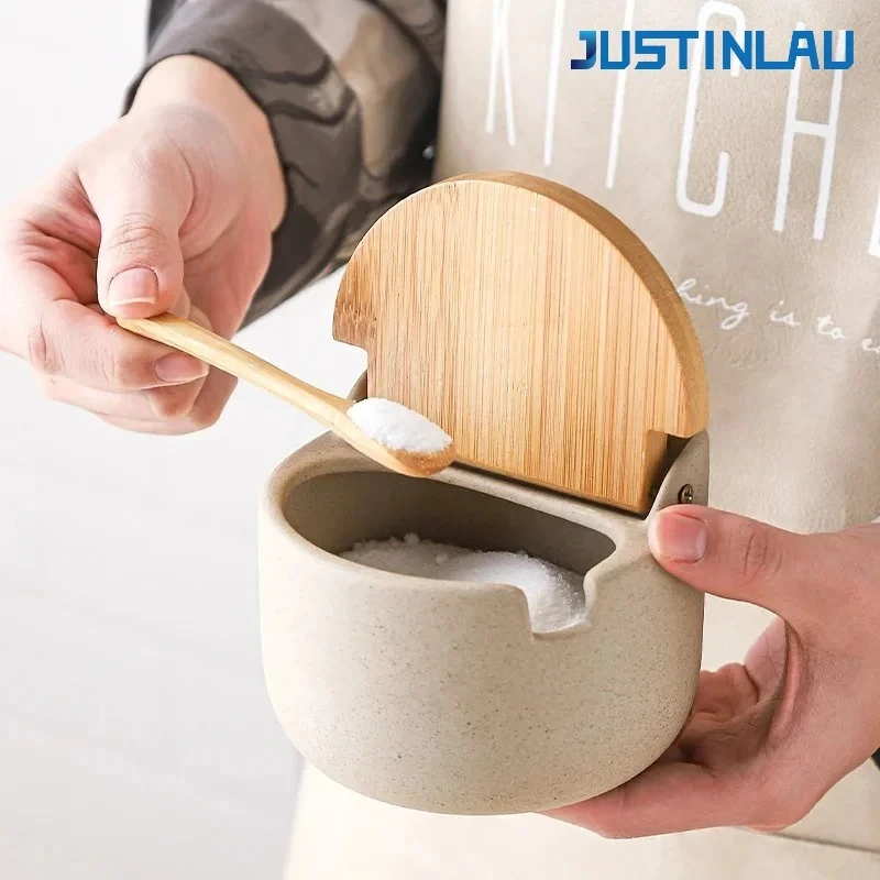 JUSTINLAU Spice Jars Set Ceramic Seasoning Jar  Salt and Pepper Shakers with Spoon Lid Seasoning Box with Pallet Salt Shaker
