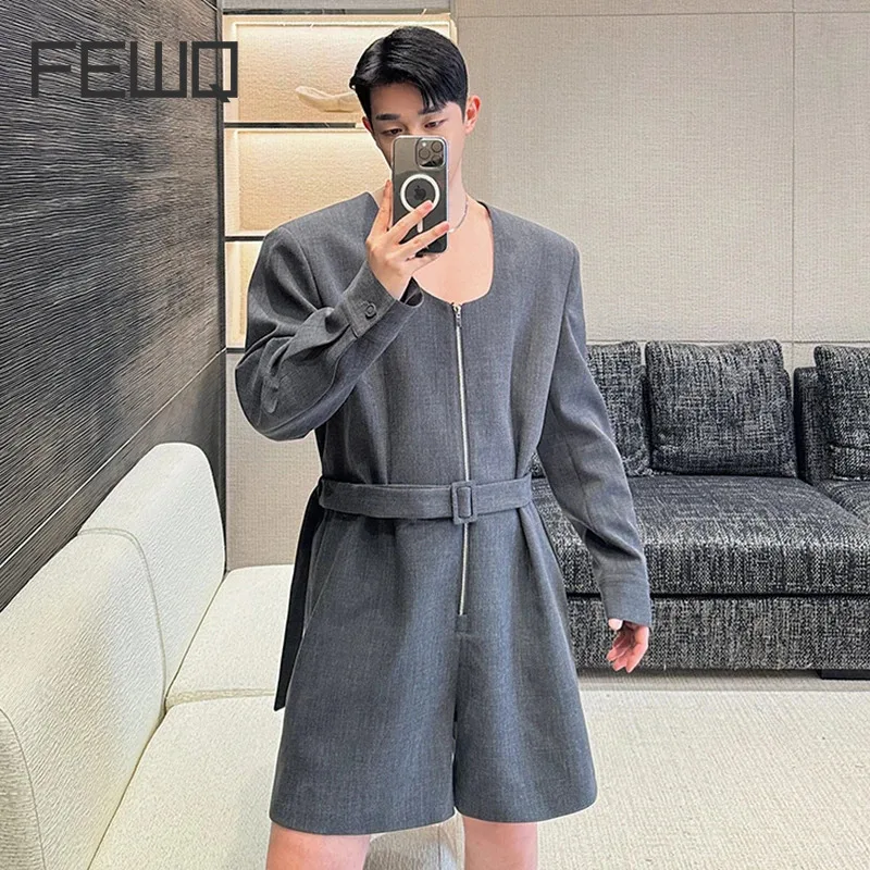 FEWQ 2024 Summer Men's Jumpsuit One-piece Belted Shorts Suit Shaped Low Neck Zippersolid Color Male Rompers Personality 9C5466