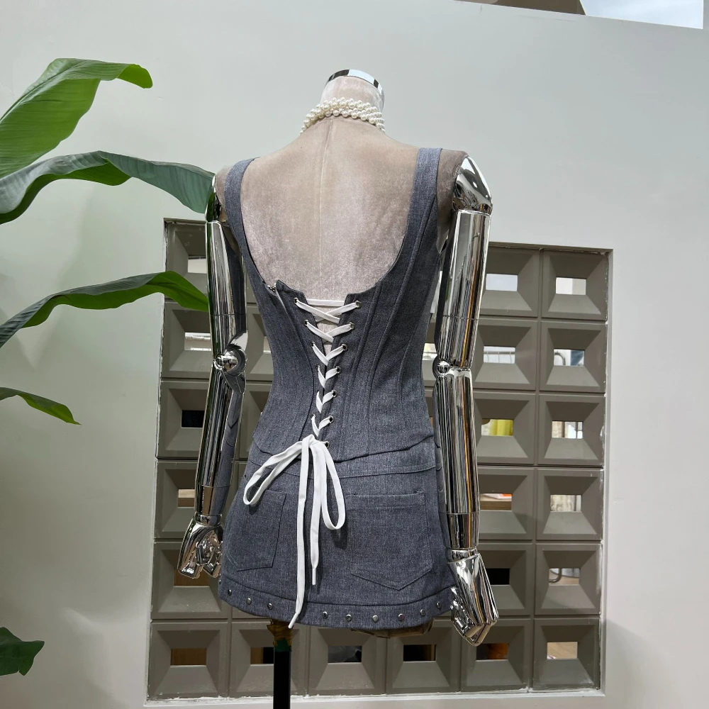 Verão 2025 cinza desossado espartilho superior alças de gravata bodycon mini saia conjunto feminino sexy glamour clubwear festa roupa de duas peças