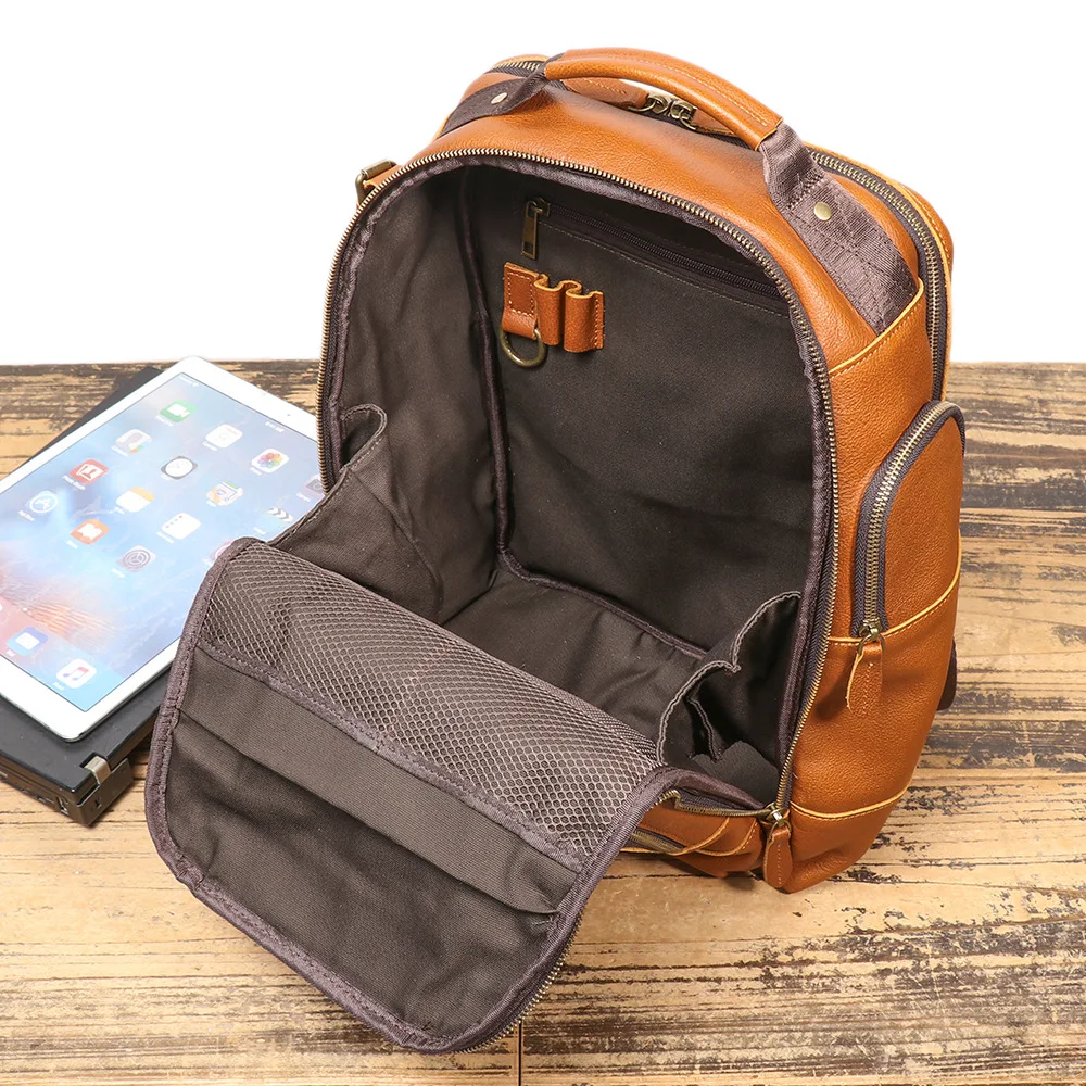 حقيبة ظهر رجالية من الجلد الطبيعي ذات سعة كبيرة حقيبة كمبيوتر محمول متعددة الوظائف للسفر حقيبة ظهر كاجوال