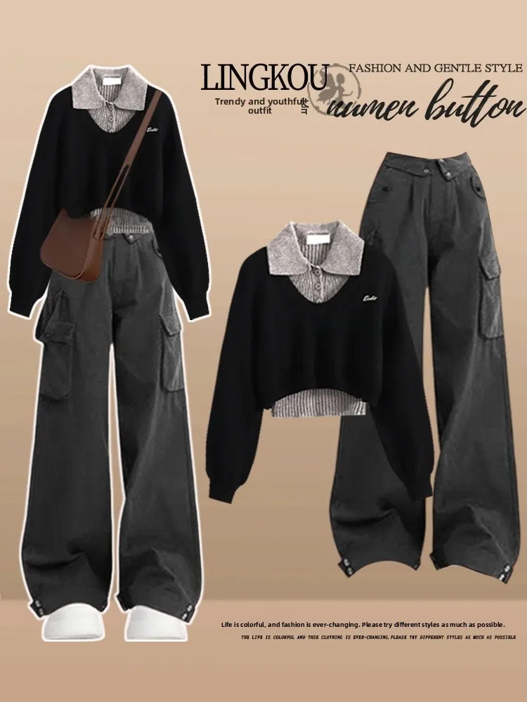 

Spring Casual Knitted Set Women's Base Layer Sweater Cover up Trendy Wide Leg Slimming Workwear Pants Two Piece Set