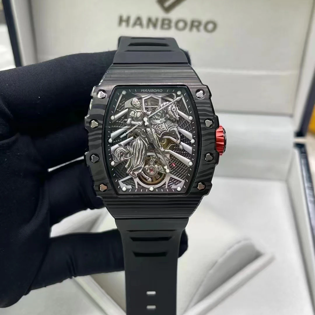 HANBORO Men Automatic Watch Tonneau 50mm Mechanical Wristwatch Luminous Waterproof Skeleton Knight Dial