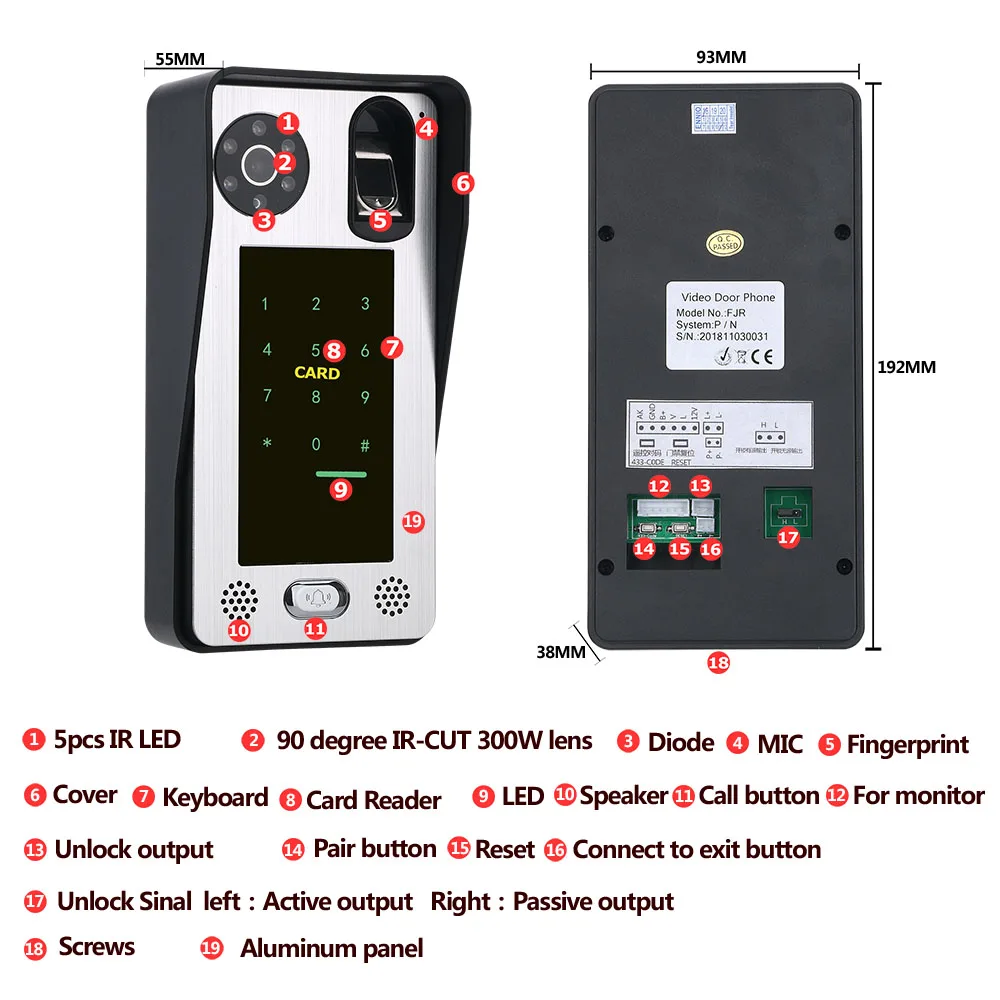 7inch Screen Fingerprint IC Card Video Door Phone Intercom Doorbell With Door Access Control System