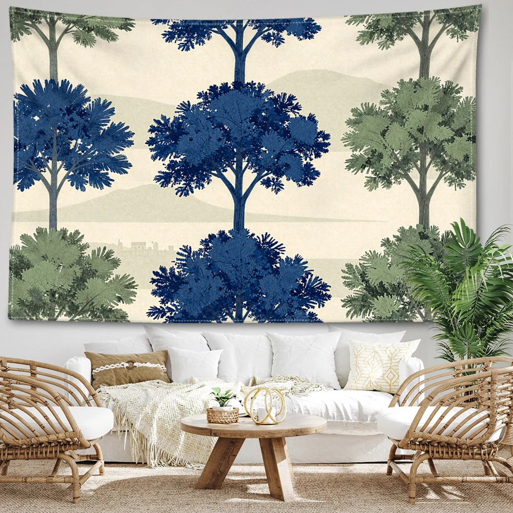 Blue Green Tree Distant Mountain Fresh Printed Tapestry Wall Hanging Bohemian Style Bedroom Home Decor