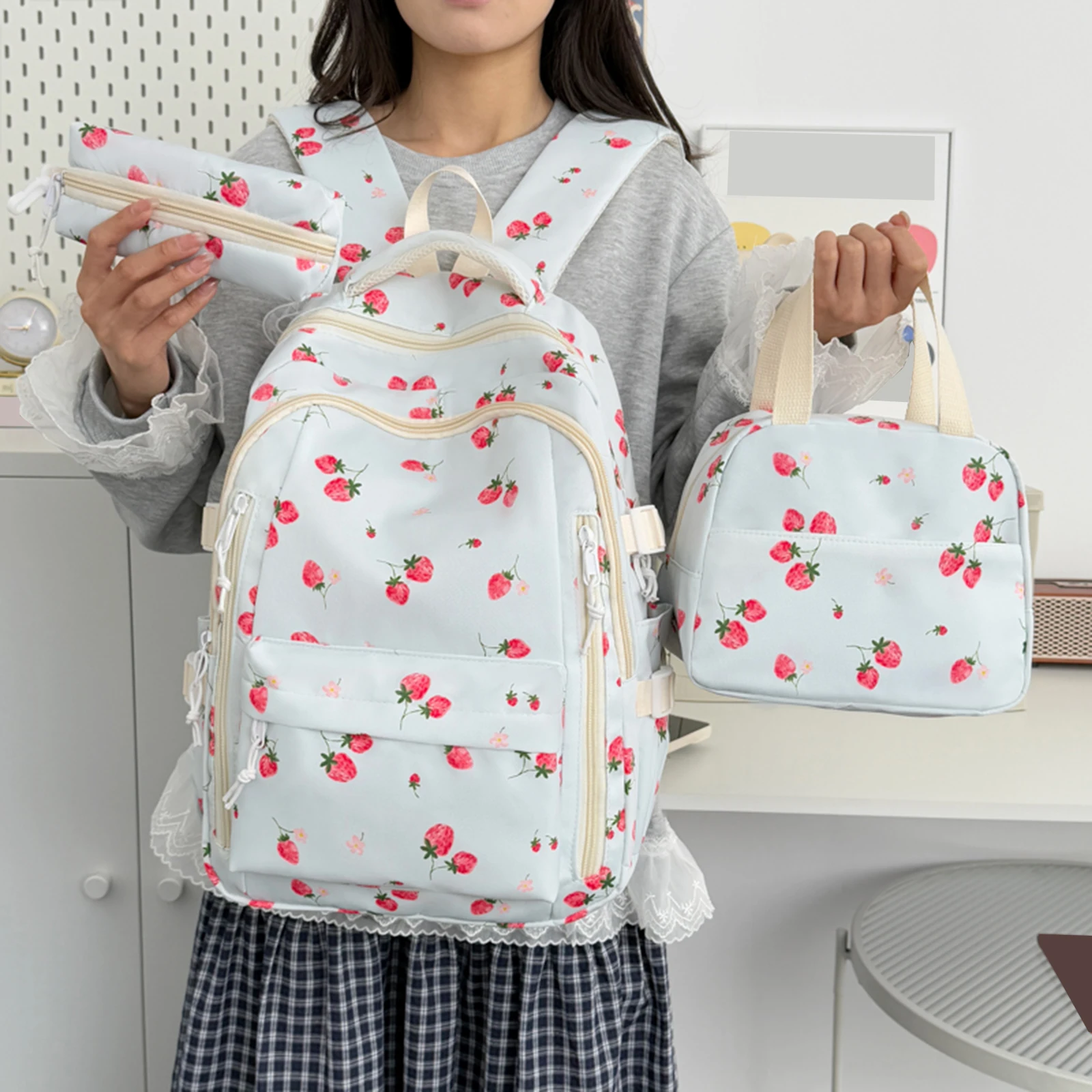 Strawberries Aesthetic Daypack with Lunch Box and Pencil Pouch Aesthetic Preppy Backpack Travel Casual Daypack Teens
