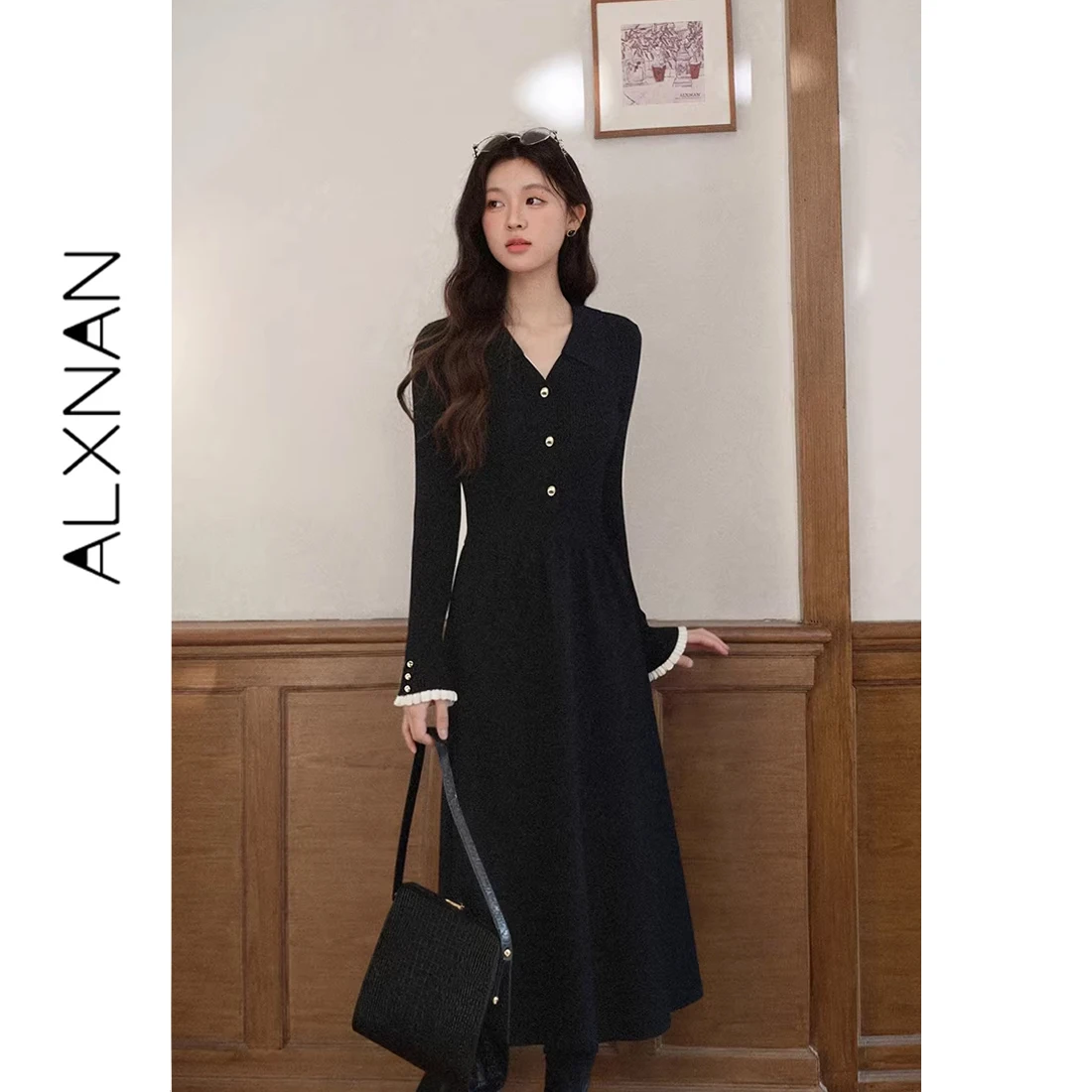 ALXNAN French Long Dress Women 2026 New V-neck Elegant A-line Black Dresses Contrast Ruffle Cuff Slim Ladies Clothing QYM002404