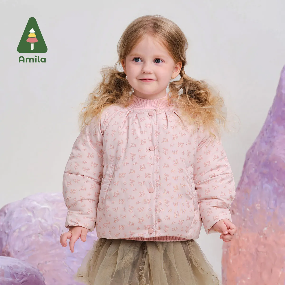 Amila Baby Cotton Clothes 2024 Winter New High Quality Girls Solid Color Round Neck Cute Soft Warm Casual Loose Children‘s Coat