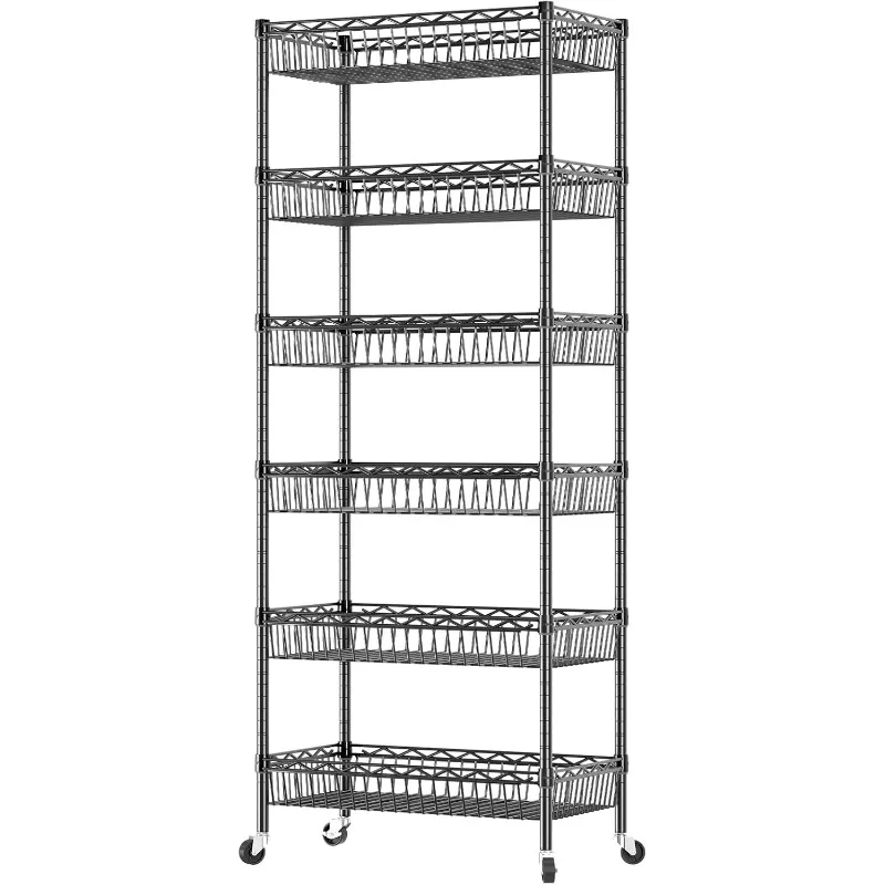 6 Tier Basket Shelf Wire Shelving Unit Adjustable Storage Shelving,Big Basket Rack Garage Kitchen Office Pantry30”Wx13.5”Dx65”H