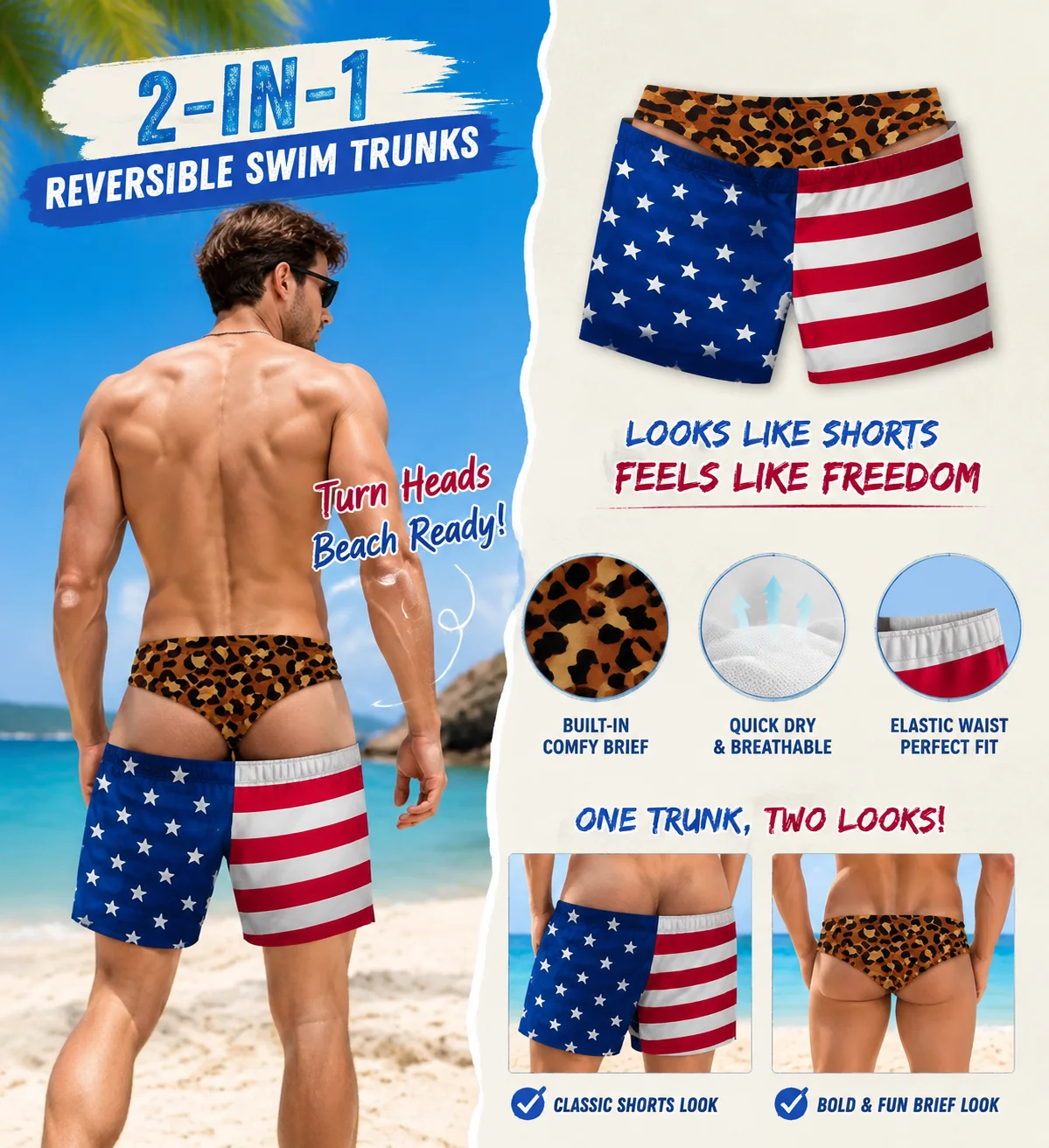 Caleçons de bain amusants à effet d'illusion d'optique pour hommes, faux deux pièces, imprimés, style string, shorts de plage originaux, caleçons de bain hilarants