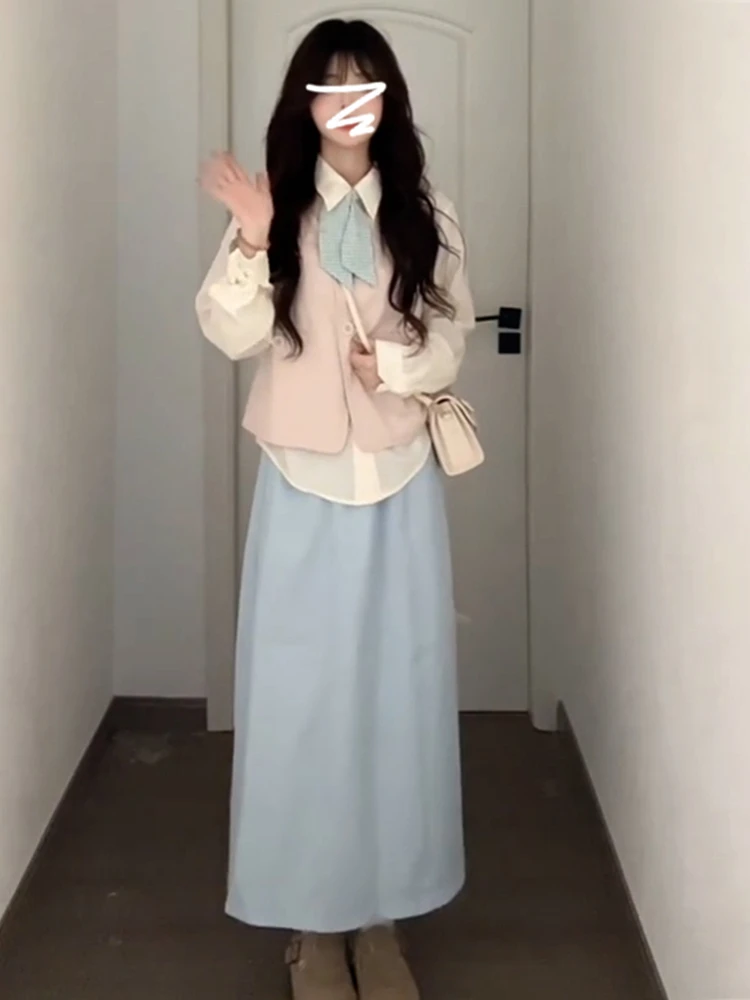 Sweet College Sle – ensemble dr pour femmes, t-shirt, Suite, jupe trapèze, col Long, mi-long, mélange de coton et Polyester