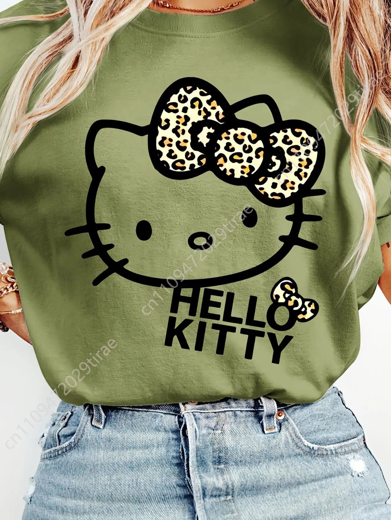 Женская футболка Sanrio Hello Kitty с леопардовым принтом и бантом для весны/лета в диком, но милом стиле, с короткими рукавами, для косплея