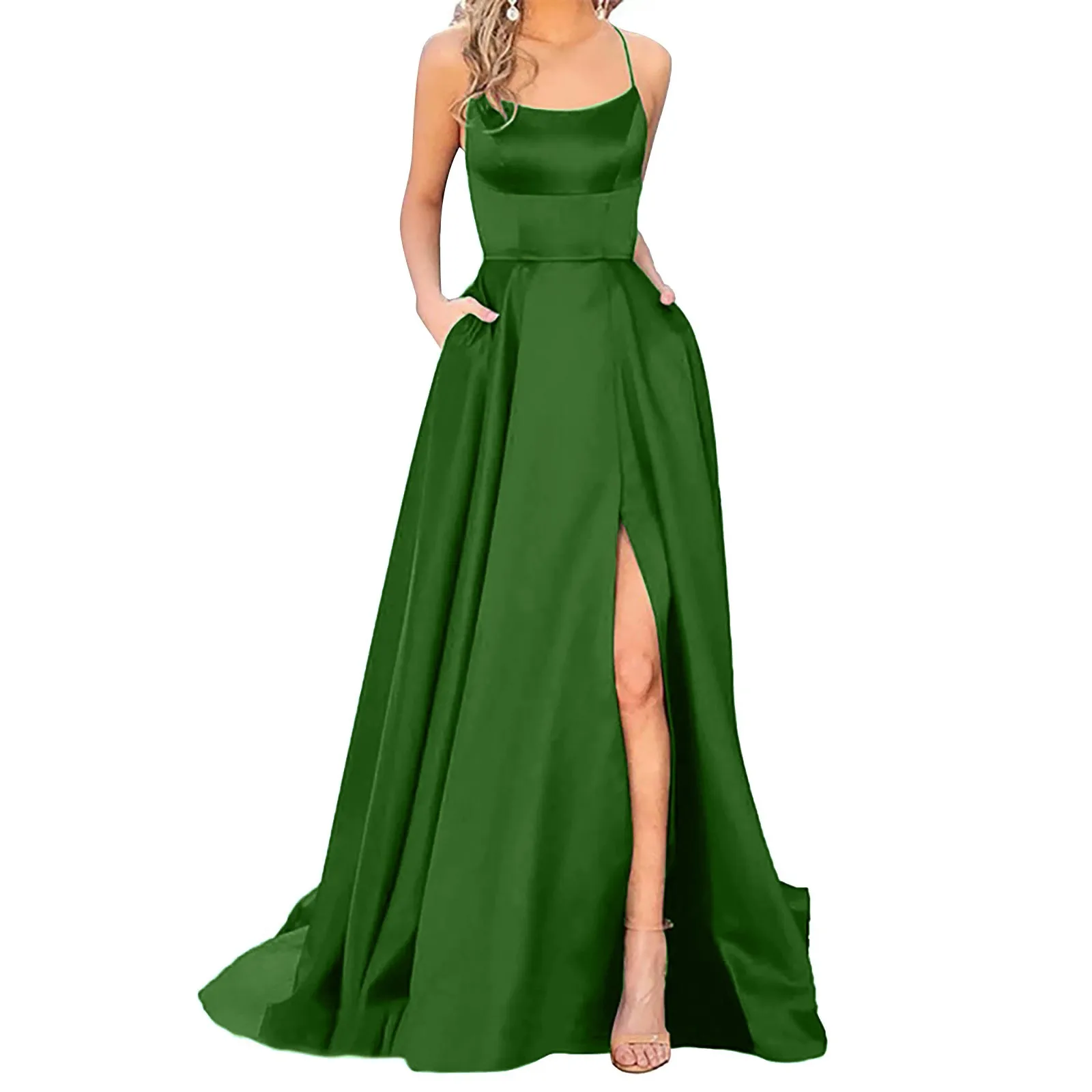 Abendkleid, Spandex-Satin, seitliches Kleid mit Schlitz, A-Linie, U-Ausschnitt, Stretch-Slip, Satin, hoher Schlitz, langes, einfaches Abend-Partykleid, Vestidos