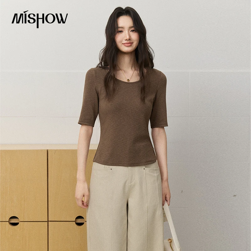 MISHOW Knitted Cotton T‑Shirt 2026 Autumn Twist Cutout Back Design Mid‑Sleeve Tee Slim Versatile Casual Ladies Tops MXF44T3223