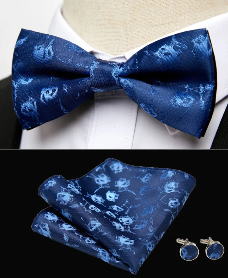 HUISHI Klassische blaue Fliege für Männer, Paisley-Blumenfliege, Einstecktuch, Manschettenknöpfe, Anzug-Set, Hochzeit, Party, kariert, solide Schmetterling – Detail 5