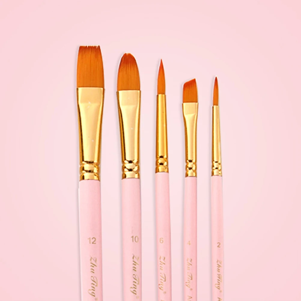 

5Pcs Multi-Head Paintbrush Set Pink Nylon Hair Watercolor Oil Painting Line Drawing Pen Painting Kit for Beginners Artists