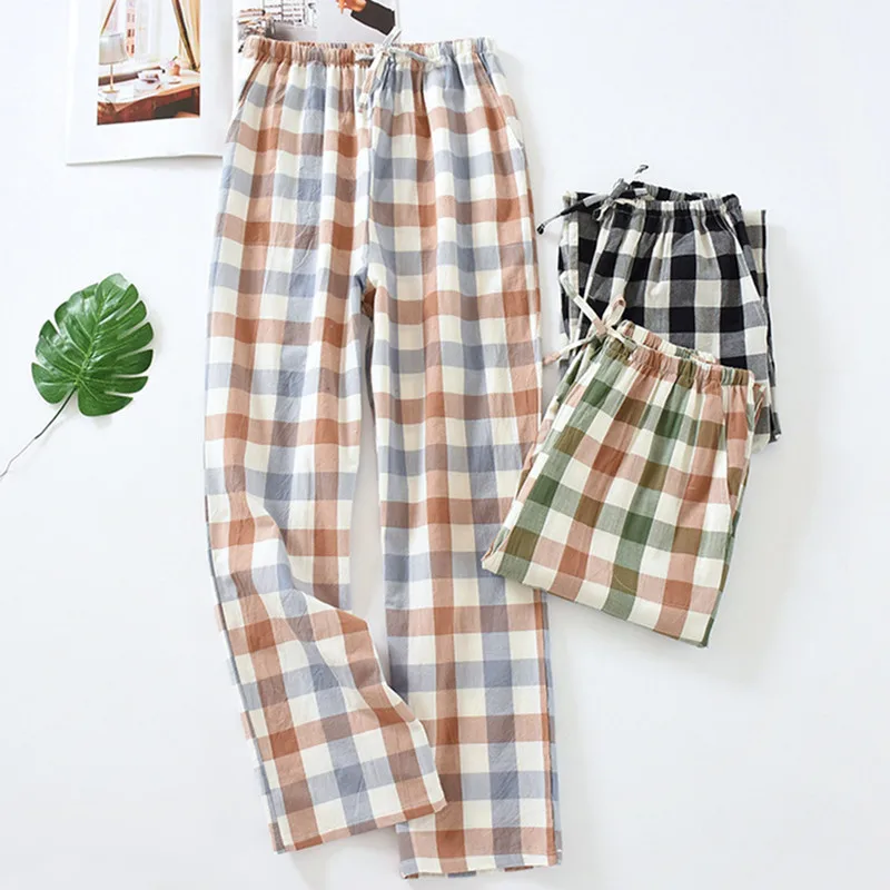 

Fdfklak Washed Cotton Plaid Pajamas Pant Women's Four Seasons Outside Wear Home Pant Loose Casual Sleepwear Night Trousers