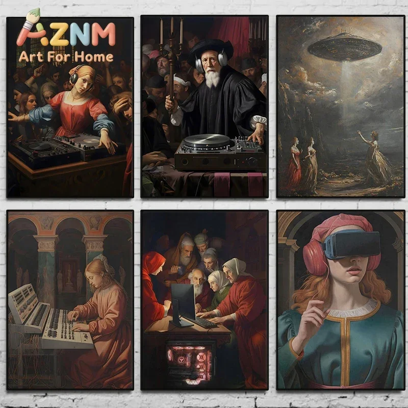 Renaissance Funny DJ Techno EDM House Poster Retro and Modern Canvas Painting Wall Art Picture for Living Room Home Decor